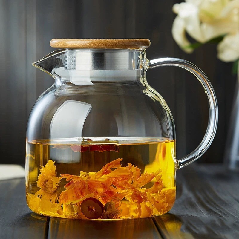 Ấm Siêu Tốc Lạnh Đơn Giản Dung Tích Lớn Thủy Tinh Borosilicate Cao Ấm Trà Hộ Gia Đình Tre Nắp Thép Thơm Trà Chịu Nhiệt Độ Cao Lạnh
