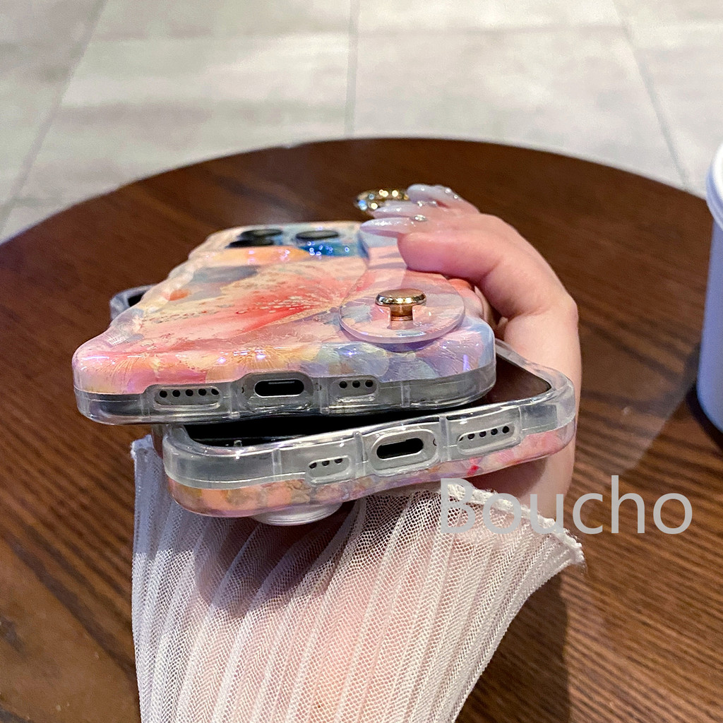 Dây Đeo Tay Ốp Điện Thoại Cho iPhone 17 Pro Max 16 15 14 plus 13 12 Pro Max 16e Tranh Dầu Bướm Vỏ Cho iPhone Air 11 Pro Max 12promax IMD Ốp Lưng Chống Sốc Khung Sóng