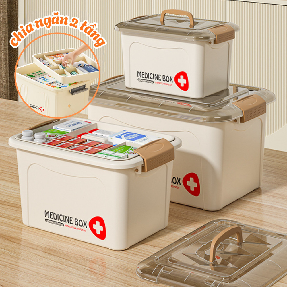 Hộp Đựng Thuốc Chia Ngăn 2 Tầng Có Nắp Đậy Chống Bụi DINOHOME, Hộp Y Tế Gia Đình Đa Năng Bảo Quản Tiện Lợi