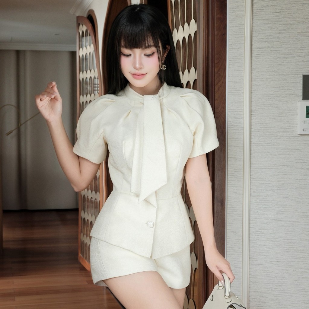 Set tweed bông xù trắng kem KHIẾT gồm áo cổ nơ tay phồng dáng peplum + quần short thanh lịch KS393