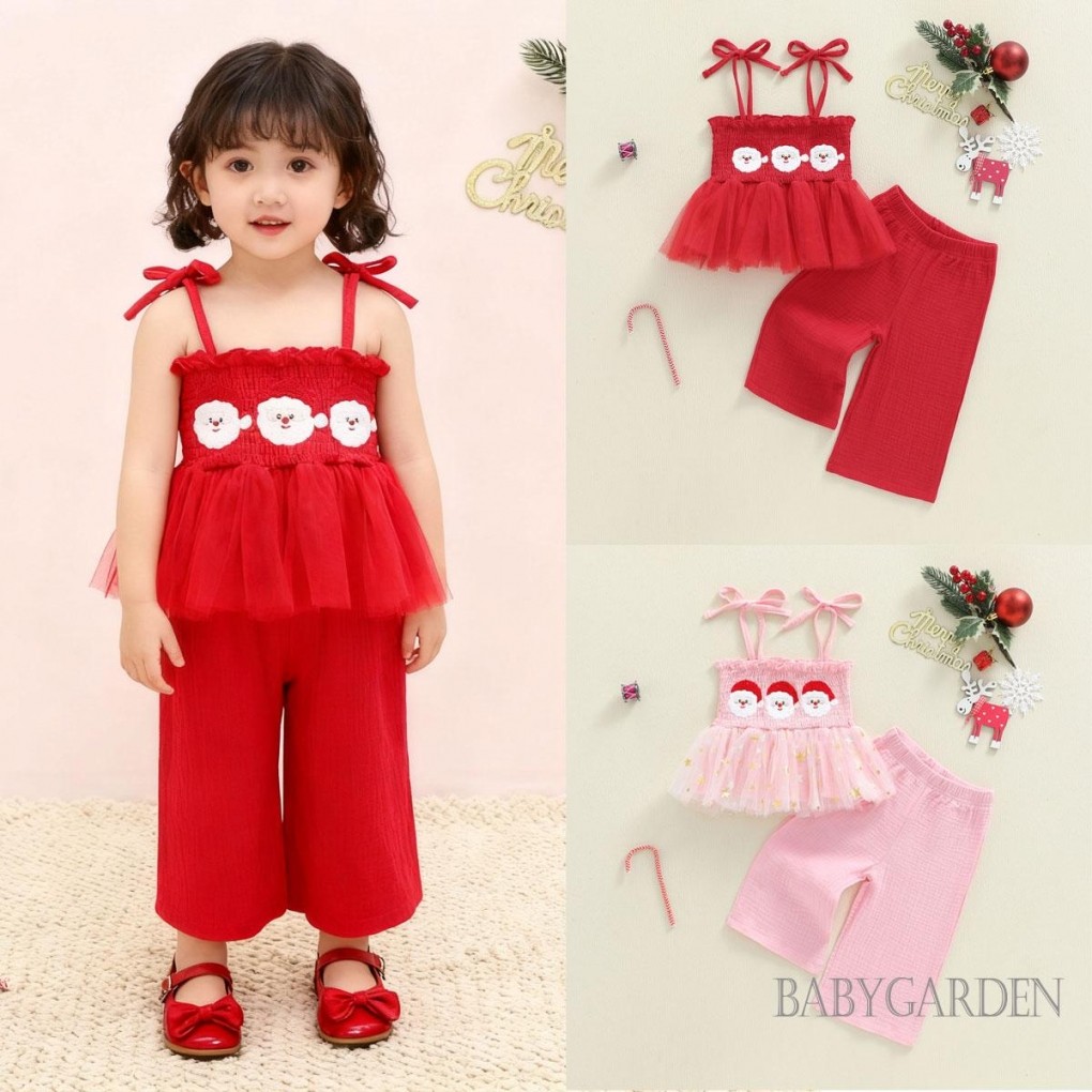 6M-7Y Trẻ Em Bé Gái Trang Phục Giáng Sinh Ông Già Noel Thêu Không Tay Thắt Lưng + Quần Co Giãn