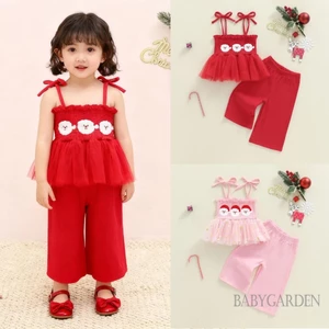 6M-7Y Trẻ Em Bé Gái Trang Phục Giáng Sinh Ông Già Noel Thêu Không Tay Thắt Lưng + Quần Co Giãn
