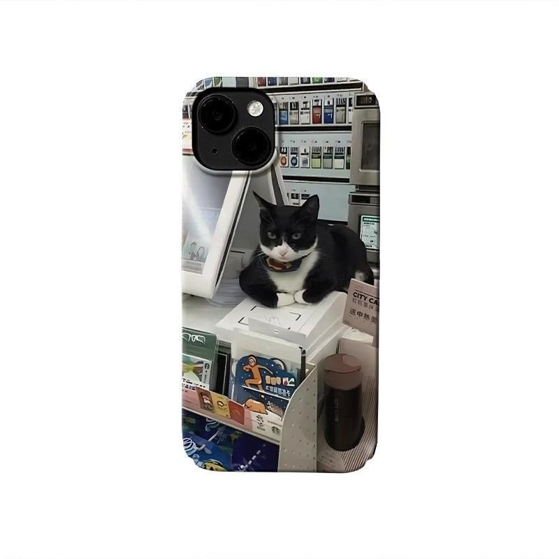 Ốp Điện Thoại Cat Salesman QYJS Thích Hợp Cho IPhone 17 16 15 14 13 ProMax 7 8 plus X XS XR XSMAX 11 12 PRO 14 15 PLUS 17 AIR Film Vỏ Cứng Hợp Thời Trang Dễ Thương XXER