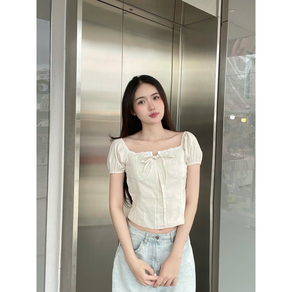 Áo babydoll nữ kiểu Linen tay phồng nơ ngực công chúa phong cách Kimee MA 380