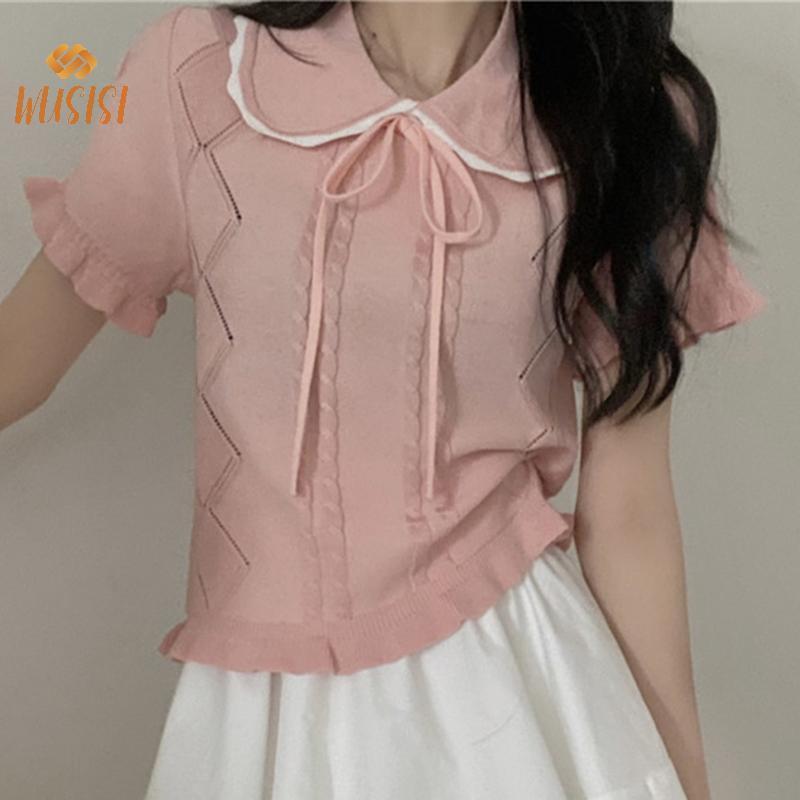 Áo thun dệt kim ngắn tay phong cách Hàn Quốc với nơ ngọt ngào, phù hợp mùa hè cho nữ