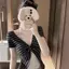 Phong cách Hàn Quốc Sọc Xoắn Giả Hai Mảnh Nữ Pure Desire Ren Khâu Cổ Chữ V Slim-Fit Slim-Fit Slimmer Look Hot Girl Áo thun ngắn tay Top