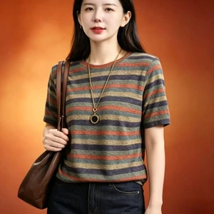 Mùa hè mới phiên bản Hàn Quốc đơn giản thời trang giản dị sọc retro dáng rộng giảm béo cổ tròn tay ngắn dành cho nữ