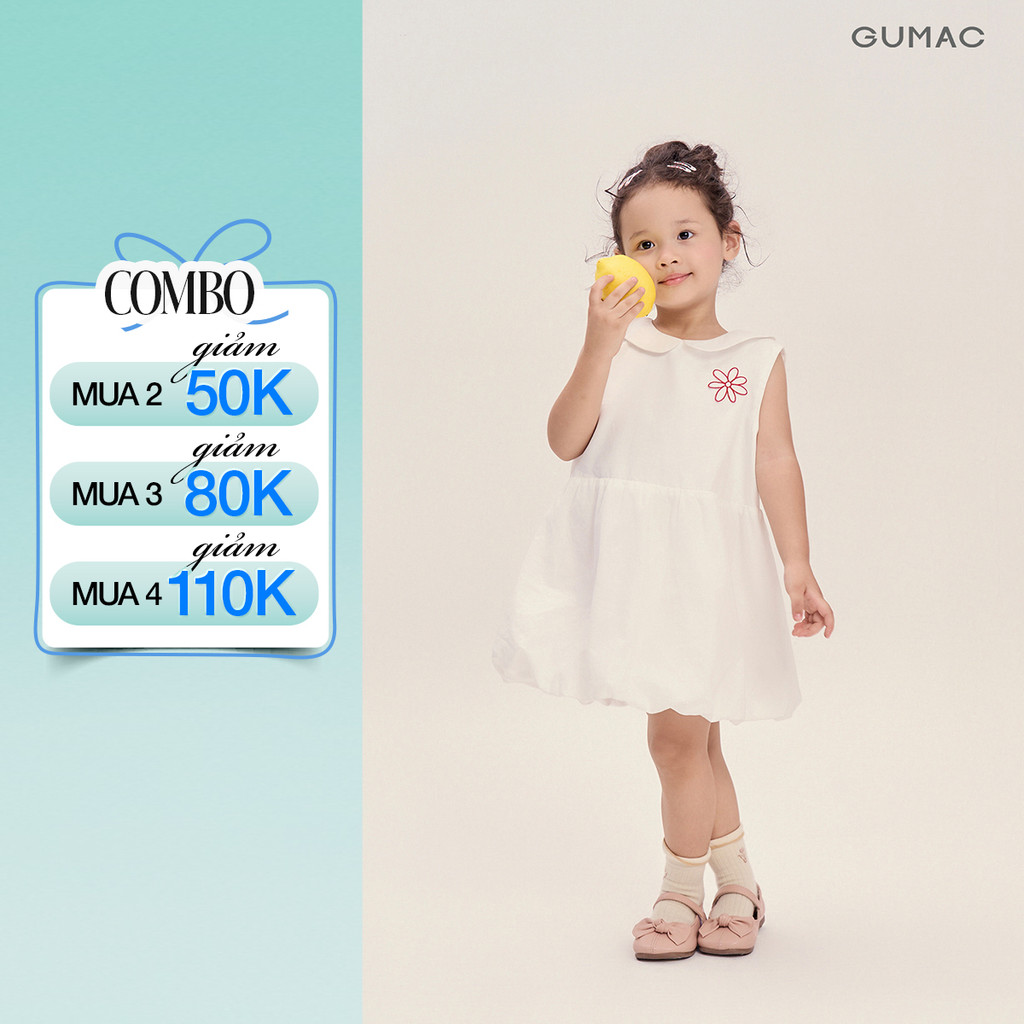 Đầm Bé Gái GUMAC Form Bí Sát Nách Cổ Cánh Sen Thêu Hoa Vải Kate Mềm Mát Nữ Tính DKG04025