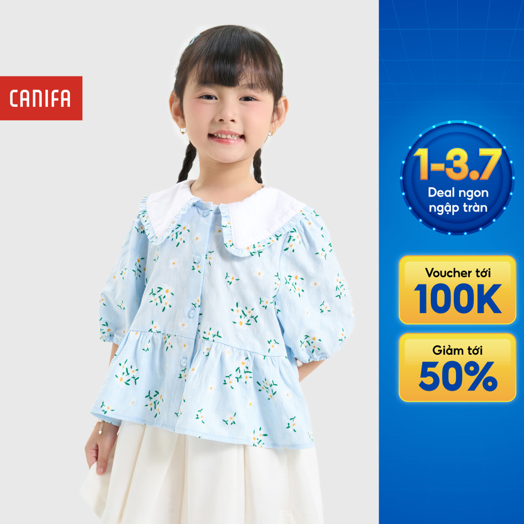 Áo kiểu bé gái CANIFA bản bèo cổ mềm mại in hoạ tiết 1TO25C001