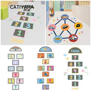 Lưới số hoạt hình CATIYAHA, Nhãn dán sàn trò chơi Hopscotch PVC tự dính, Chống thấm nước có thể tháo rời nhiều màu nghệ thuật treo tường Phòng trẻ em