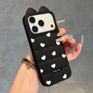 Ốp lưng nhựa mềm áo lông vũ tai mèo trái tim đen in nhãn chữ, chống va đập bền lâu iPhone 12/13/14/15/16 Pro Max