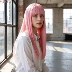 Tóc Giả Dài Thẳng WEETW, Tóc Giả Toàn Bộ Cosplay Lông Tơ Với Nổ Thẳng, Dễ Thương 24Inch Không Keo Dán Màu Hồng Tự Nhiên Lớp Tóc Giả Halloween