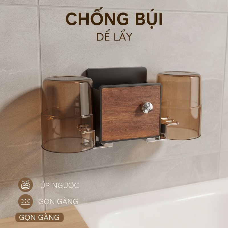 Kệ Đựng Bàn Chải Đánh Răng Hút Chân Không Dán Tường Không Khoan Nhựa Pet Có Cốc