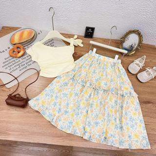 S334-[tomnaukids] Set áo lệch phối chân váy hoa dài cho bé gái size từ 8-35Kg