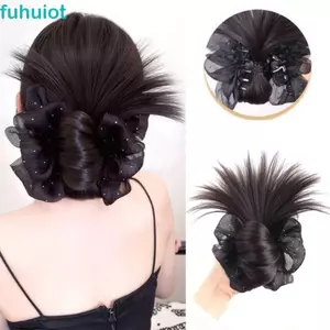 FUHUIOT Hoa Bun Head Tóc Giả, Kim Cương Giả Nơ Vuốt Kẹp Lộn Xộn Xoăn Chignon, Thanh Lịch Tự Nhiên Tóc Giả Lông Tơ Miếng Phụ Nữ