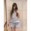 Bộ đồ ngủ bán chạy dành cho nữ Phiên bản Hàn Quốc mùa hè có miếng đệm ngực sọc cổ áo ren Quần short đi chơi Lounge