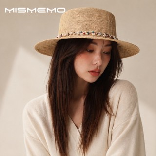 MISMEMO Mũ nữ đính hạt vỏ ống hút vành lớn, che nắng mùa xuân hè, phong cách kỳ nghỉ bãi biển