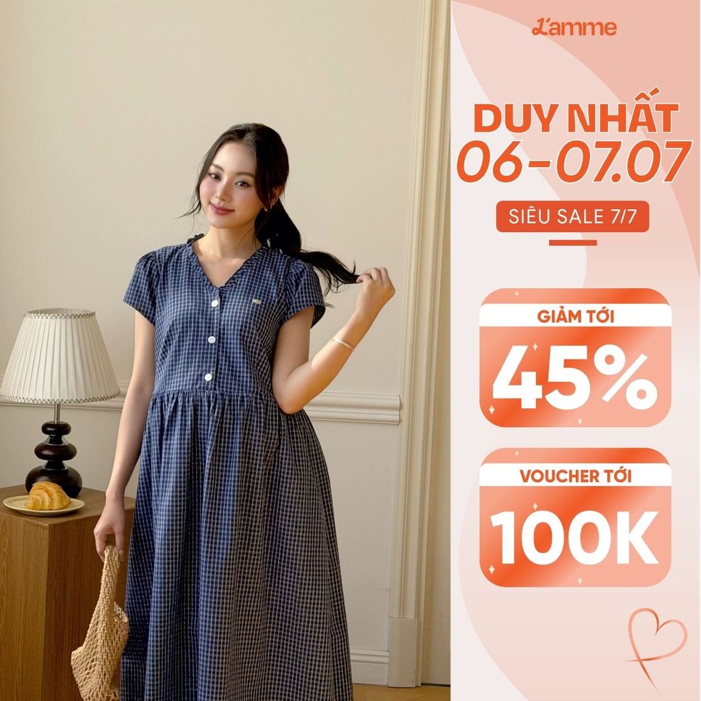 Váy Bầu MINDI DRESS L'amme - Chất Thô Kẻ Caro Mềm Mát, Dáng Suông Cổ V Phối Bèo Xinh Xắn