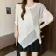 Mùa hè 2026 Plus size Áo thun ngắn tay giả hai mảnh sọc béo không đều khâu rộng che xác thịt Giảm tuổi