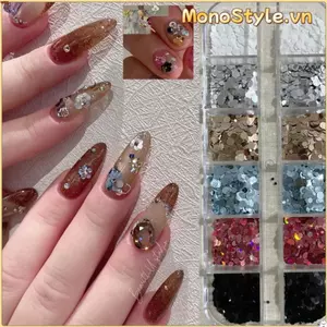 MONOSTYLE Chấm Bi Lấp Lánh Trang Trí Móng Tay Nghệ Thuật, Phụ Kiện Móng Tay Lấp Lánh 12 Lưới DIY, Sáng Tạo Tối Giản Đầy Màu Sắc Trang Trí Móng Tay Nghệ Thuật Salon Móng Tay
