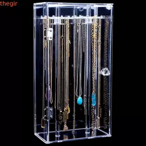 THEGIRL8B Giá đỡ vòng cổ trong suốt, Hộp trưng bày trang sức có thể xoay đa chức năng, với 24 móc treo Chống bụi với khay nhung màu be Giá đỡ lưu trữ trang sức