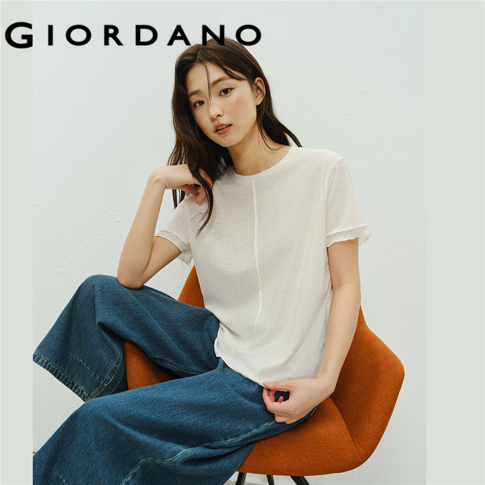 GIORDANO WOMEN Middle seam lace trim short sleeve tee 18326823