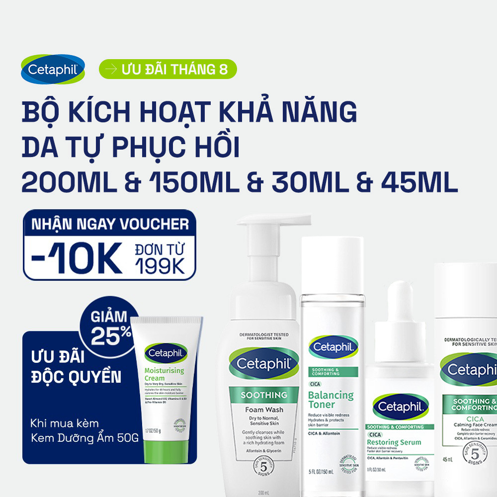 Bộ Sản Phẩm Phục Hồi Cetaphil Soothing and Comforting Cica Restoring Serum+Calming Face Cream+Balancing Toner+Foam Wash