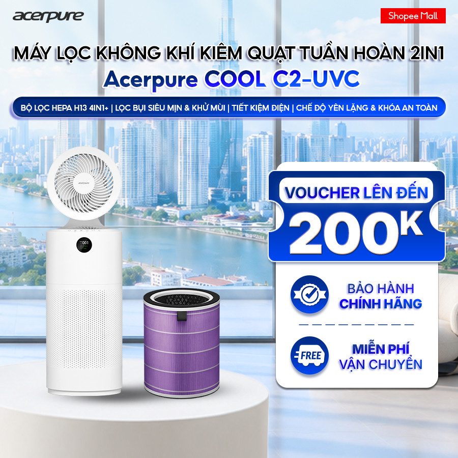 Máy lọc không khí Acerpure COOL C2-UVC 2in1 kiêm quạt tuần hoàn, lọc HEPA tia UVC 45m2 - BH 12 tháng