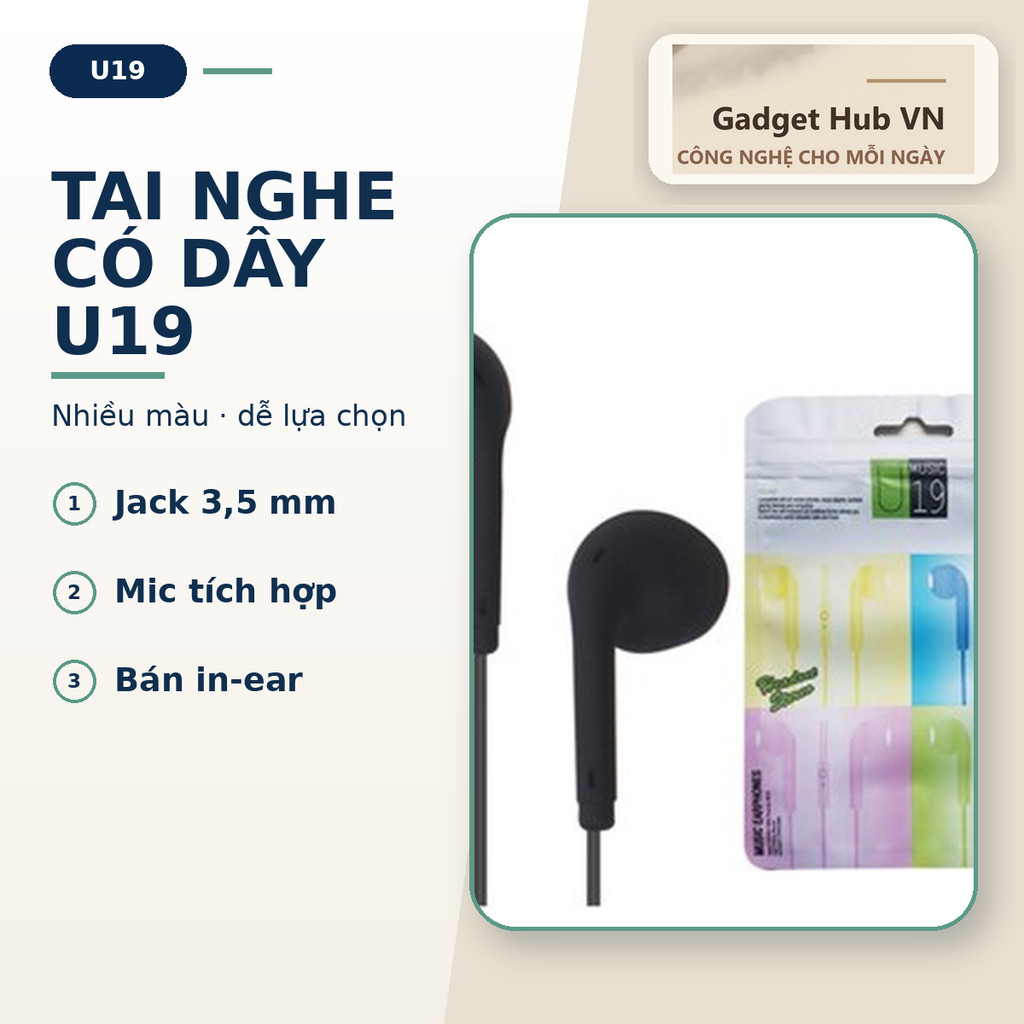 Tai nghe có dây nhét tai U19 giắc cắm 3.5mm có míc dành cho