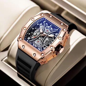 Nam Sang Trọng Tonneau Đồng Hồ Đồng Hồ Đồng Hồ Vàng Hoa Hồng Dây Đeo Cao Su Mặt Rỗng Đồng Hồ Thể Thao Chống Thấm Nước Đồng Hồ Đeo Tay Nam Quà Tặng