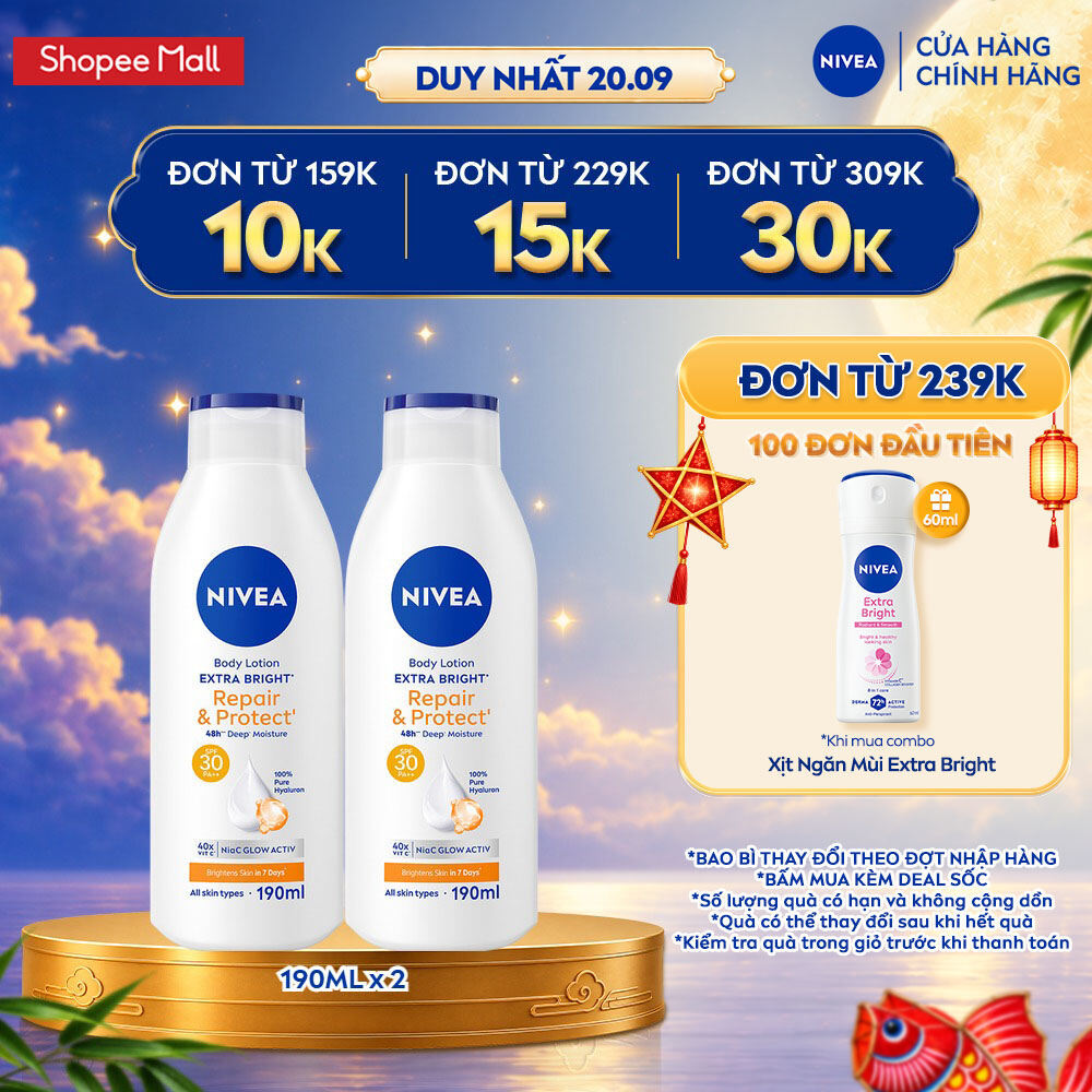 Bộ 2 Sữa Dưỡng Thể NIVEA Extra Bright Dưỡng Da Sáng Mịn Sau 7 Ngày 190ml -  99562x2 /98925x2