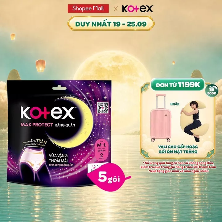 Combo 5 Băng Vệ Sinh Kotex Ban Đêm Dạng Quần cỡ M/L 5 miếng, M/L 2 miếng, L/XL 2 miếng