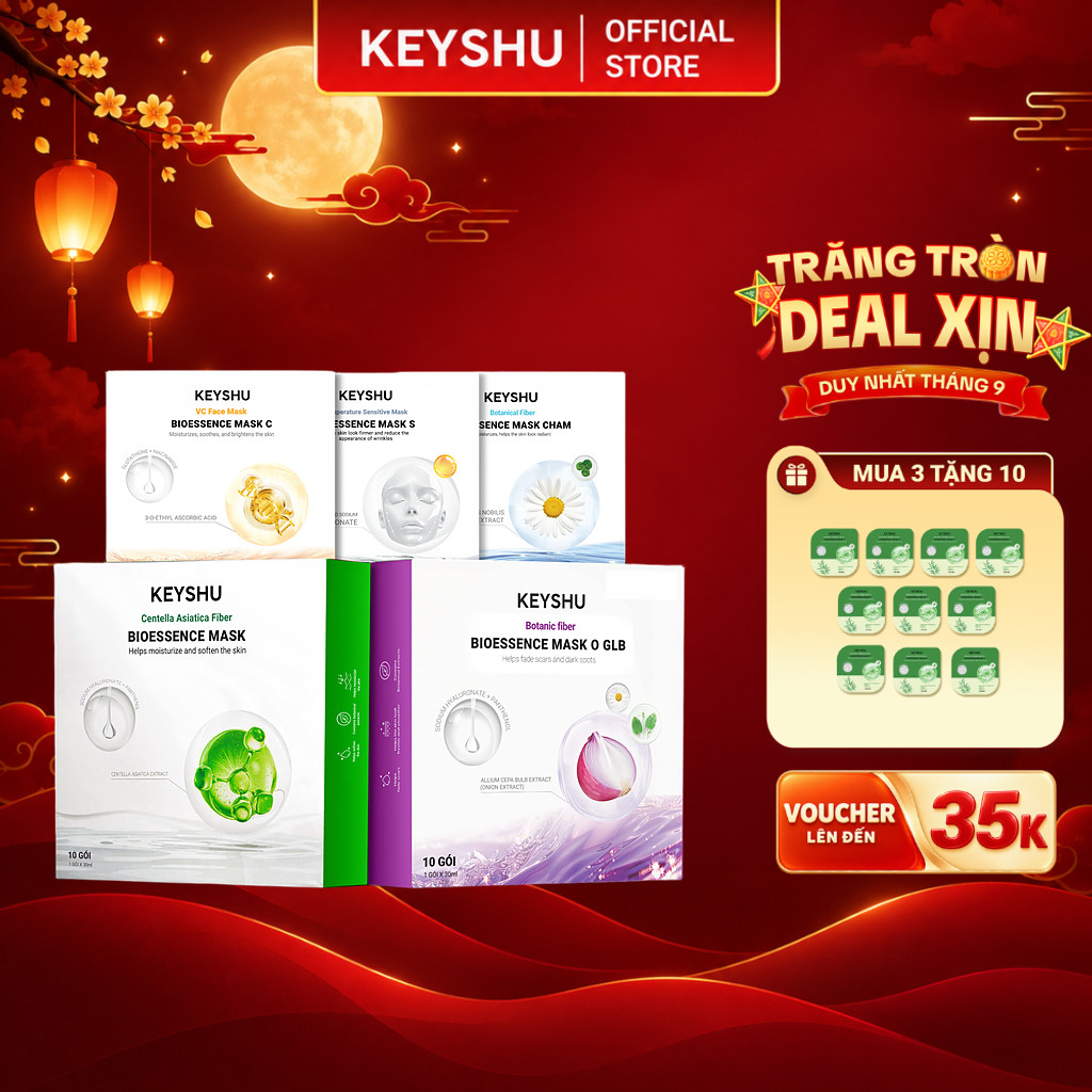 [DUY NHẤT T9] Combo 3 Hộp Mặt Nạ KEYSHU Hỗ Trợ Dưỡng Ẩm Và Làm Dịu Da (Rau Má, Hành Tím, Vitamin C, Hoa Cúc, Nâng Cơ)