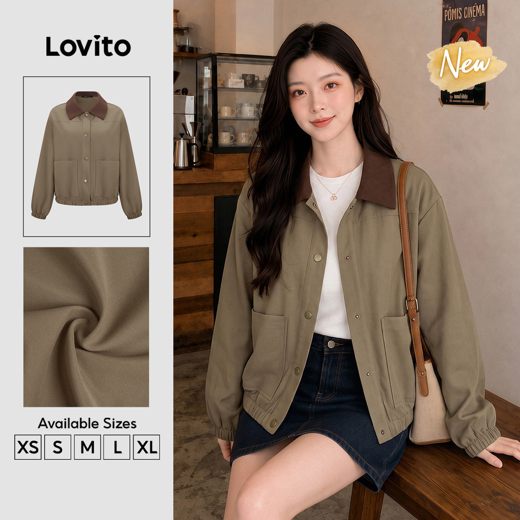 (New Arrival) Lovito Áo Khoác Khaki Nút Túi Màu Khối Cổ Áo Tay Dài Thường Ngày Cho Cuối Tuần Mùa Xuân Mùa Hè Cho Phụ Nữ JKB206TD026
