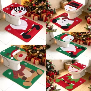 MOBANINA Vỏ bọc ghế vệ sinh Giáng sinh, Bộ hai mảnh Thảm tắm Giáng sinh thiết kế ông già Noel, Họa tiết người tuyết nai sừng tấm Trang trí sáng tạo Bộ thảm tắm thấm mềm cho gia đình