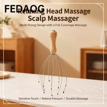 Máy mát xa đầu FEDAOG, Máy mát xa da đầu bằng dây kim loại linh hoạt, Đầu tròn linh hoạt Tay cầm bằng gỗ Đầu mịn Đầu gãi Thư giãn da đầu