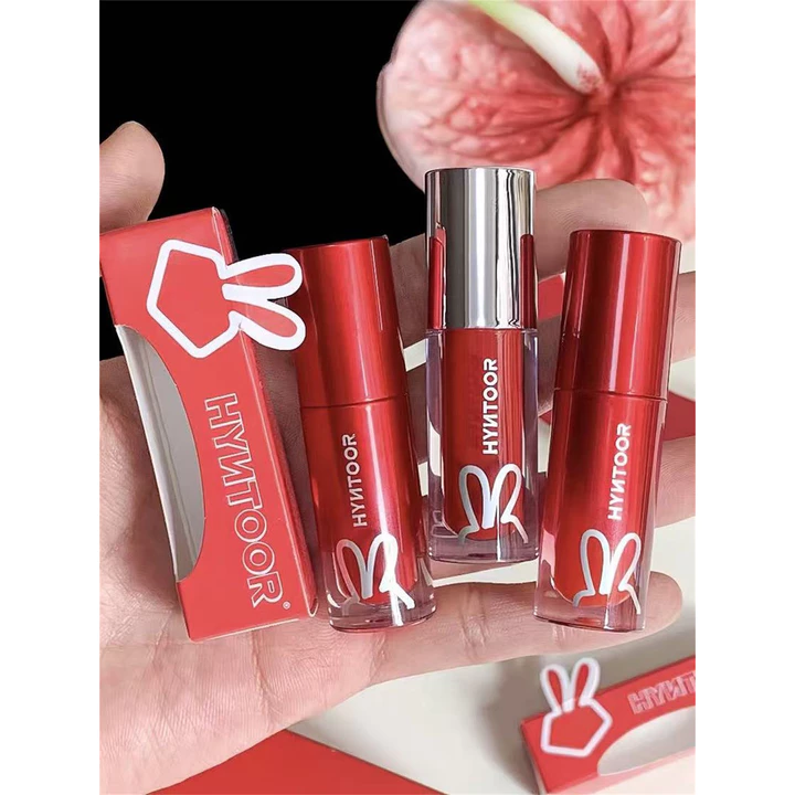 Son đỏ C Bit!Thỏ Đen HYNTOOR Dòng Hoa Lớn Lip Glaze Môi Bùn Hạn Chế Gương Đỏ Mờ Đỏ Tích Cực Làm Trắng Đỏ