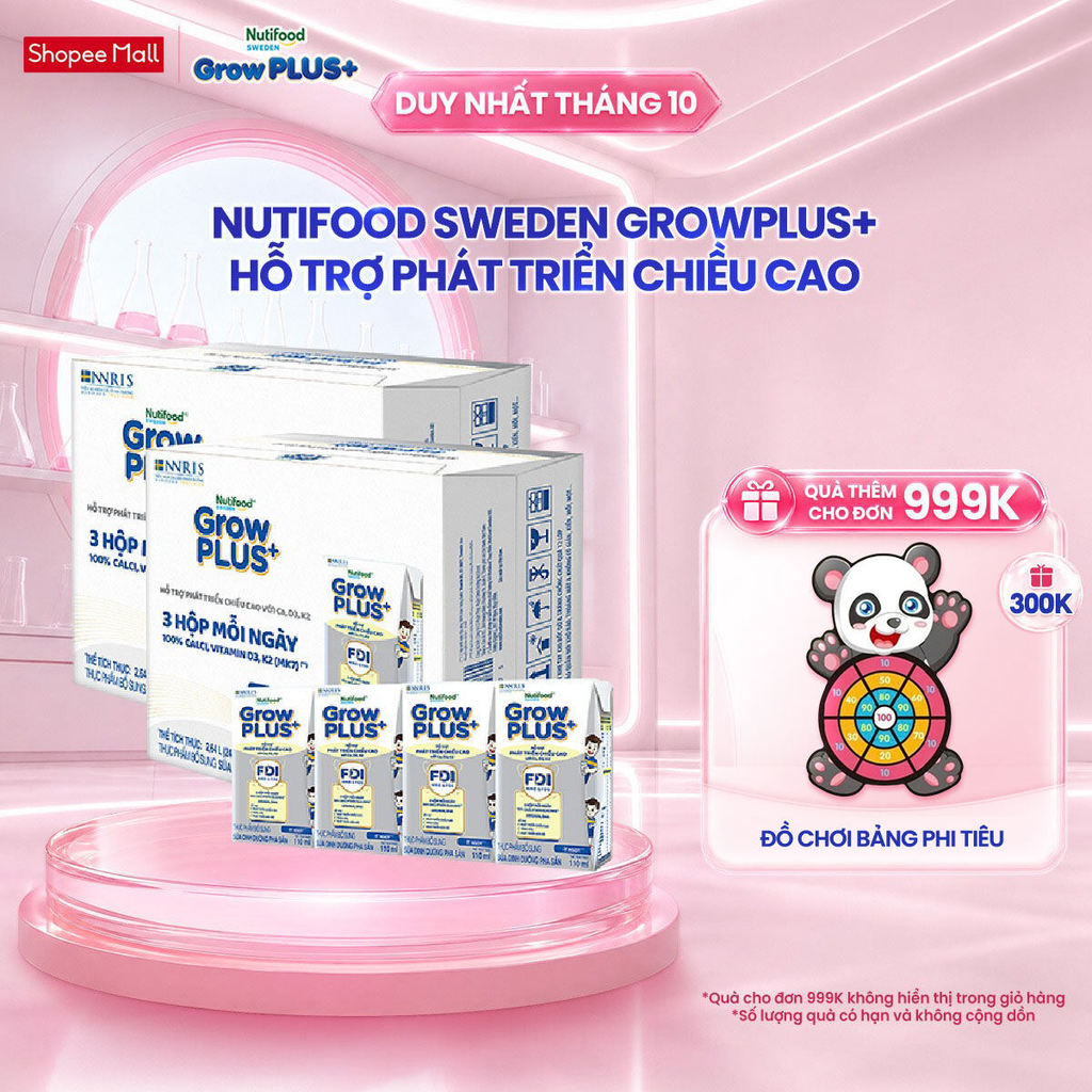 Combo 2 Thùng 24 Hộp Sữa Bột Pha Sẵn Nutifood Sweden GrowPLUS+ Cao lớn vượt trội hộp 110 ml