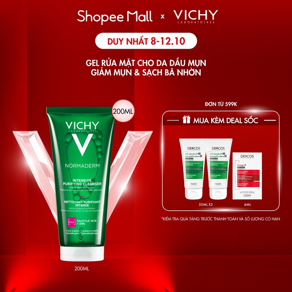 Sữa rửa mặt dạng gel làm sạch sâu giảm bã nhờn Vichy Normaderm Intense Purifying Cleanser 200ml