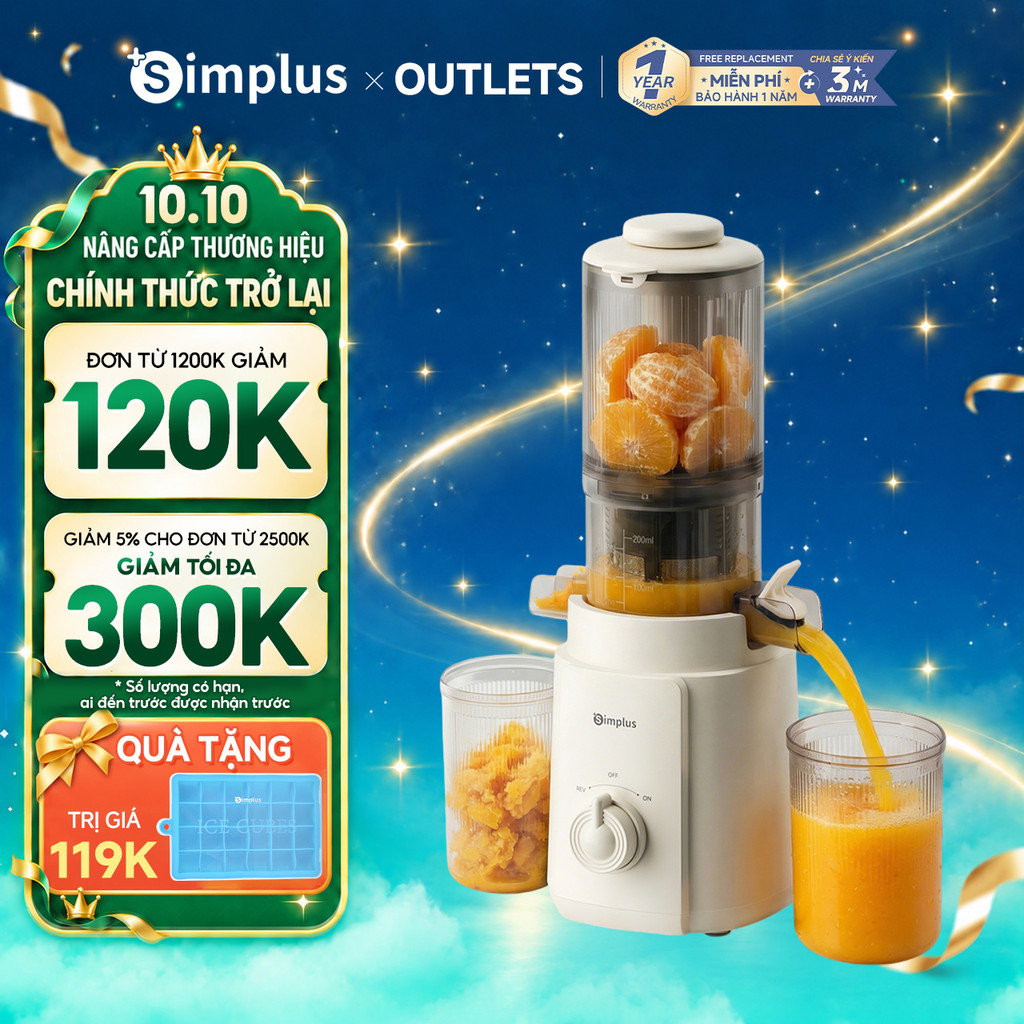 Simplus Máy Ép Chậm Cổng Nạp Lớn 113mm Dung Tích 1.2L Ép Xoắn Ốc Tháo Rời Dễ Vệ Sinh Tách Bã Trái Cây ZZJH010