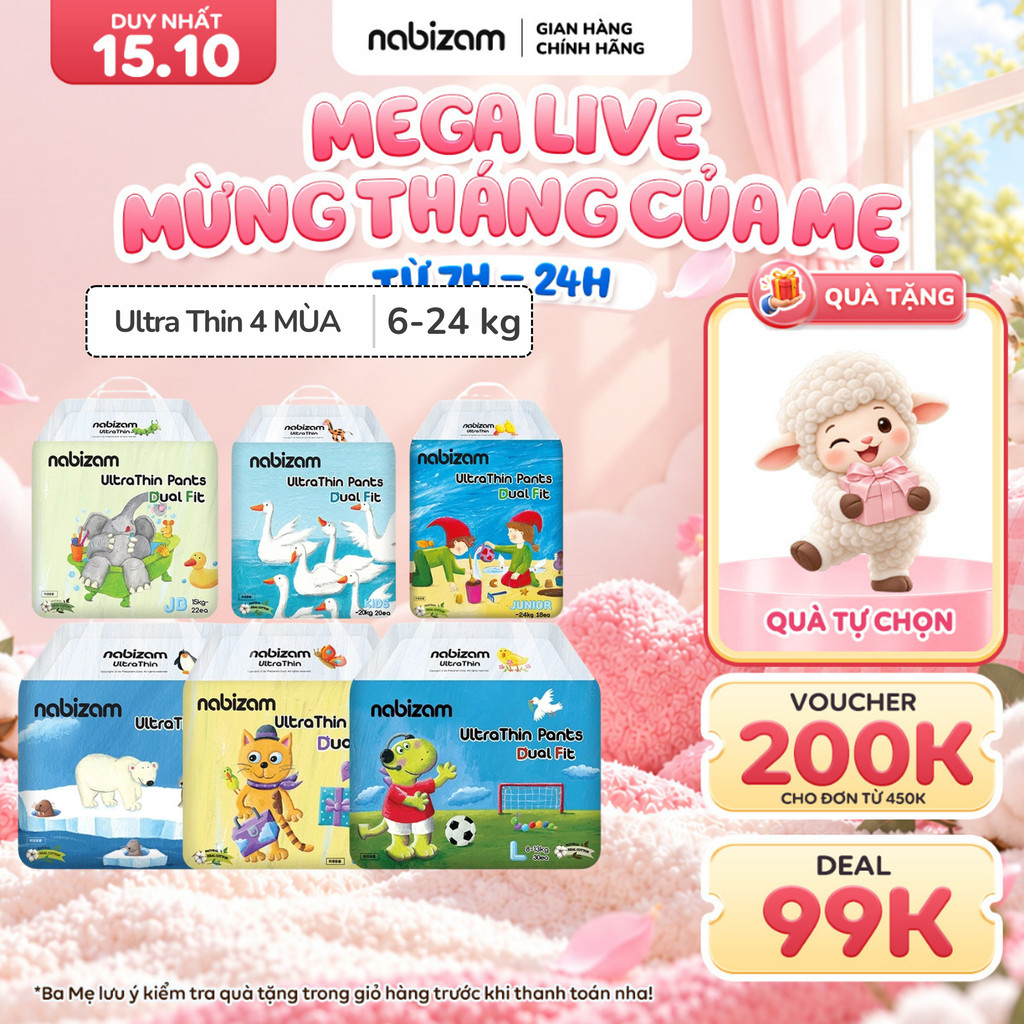 [Quà tự chọn] [4 BỊCH] Tã/Bỉm Quần Nabizam Ultra Thin 4 Mùa Nội Địa Hàn Siêu Mềm Mỏng, Thoáng Khí, Đủ Size Cho Bé 6-24kg