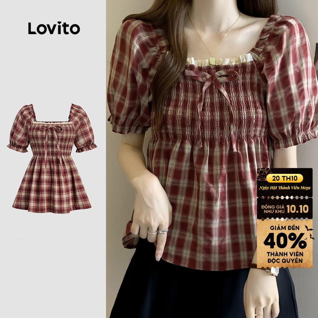 Áo Lovito nhún thun lai bèo xếp nếp viền cổ mùa xuân/hè phong cách thường ngày cho nữ L178ED583