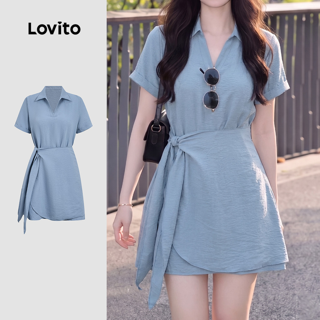 Lovito Đầm phong cách thường ngày đắp tà mùa xuân/hè màu xanh dương cho nữ DRB198P1D295