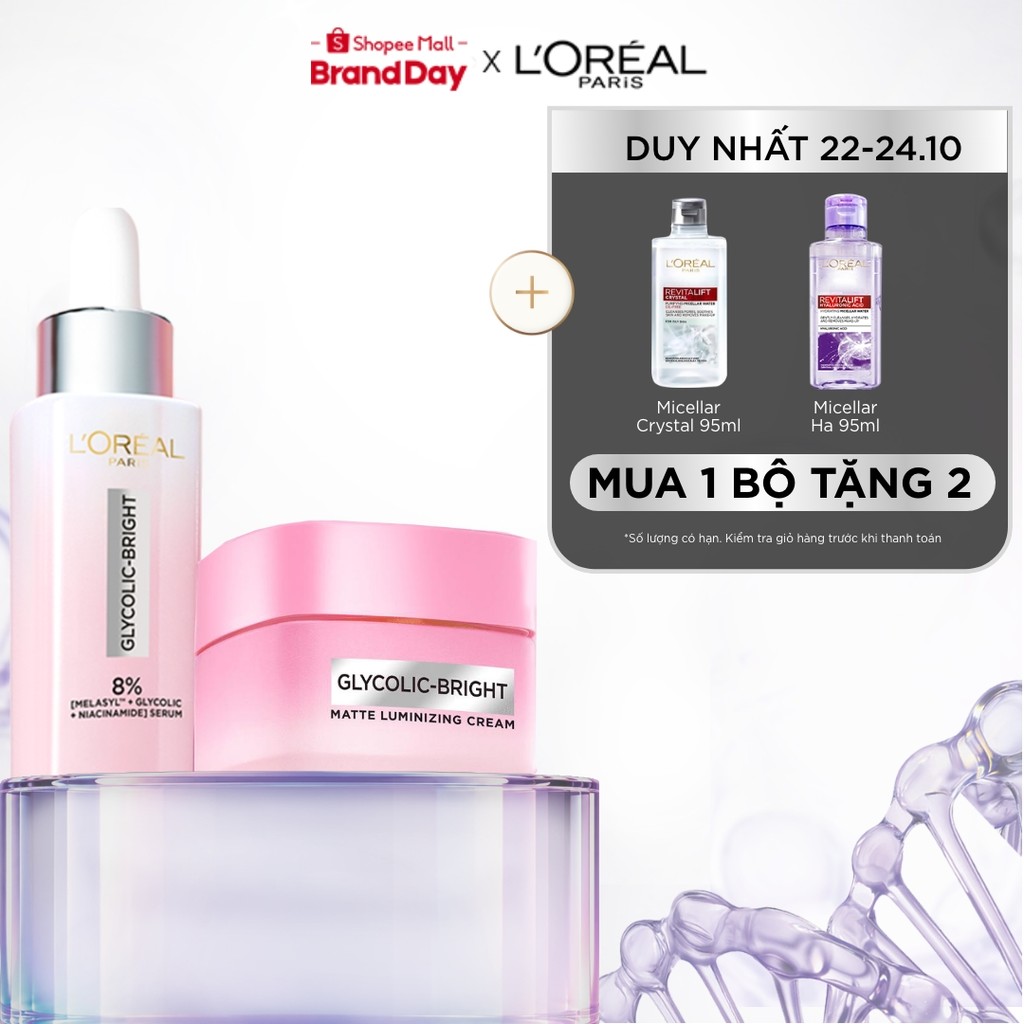 Bộ đôi serum & kem dưỡng sáng da đột phá Melasyl mờ thâm mụn, nám L'Oreal Paris Glycolic Bright 30ml, 50ml