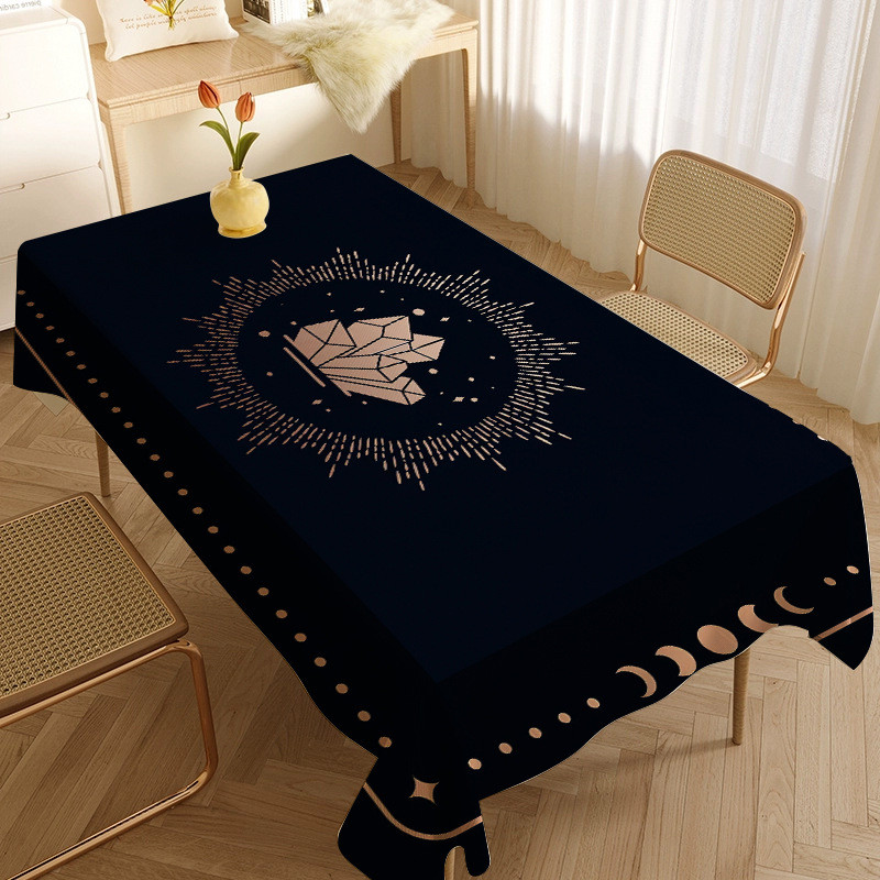 Khăn trải bàn họa tiết mặt trời và mặt trăng | Vải cotton linen xanh đậm, phong cách Boho huyền bí, trang trí bàn ăn, quán cà phê, dễ giặt