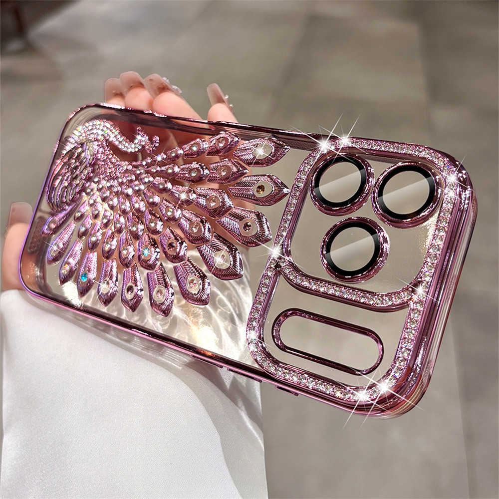 Ốp điện thoại hình con công Flash Diamond 3D cho iPhone 17 Pro Max 16 13 14 15 Pro Max Air 15 16 plus Phim bảo vệ gương chống rơi Vỏ mềm TPU vỏ bảo vệ điện thoại