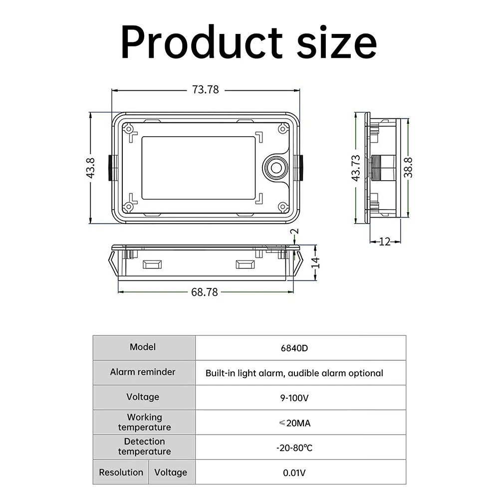 NOTE1 1 Chỉ báo dung lượng pin, DC8-100V có đồng hồ đo điện báo động nhiệt độ, màn hình LCD bền LiFePO4 Pin Lithium axit chì Vôn kế kỹ thuật số cho dụng cụ ô tô