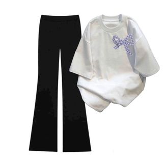 Tổng hợp các sét bộ quần ống loe chất umi +mix áo phông form rộng -hình NƠ  KẺ CARO tím-thubaquanao