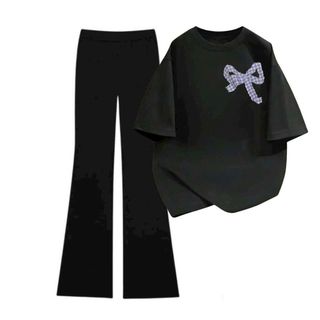 Tổng hợp các sét bộ quần ống loe chất umi +mix áo phông form rộng -hình NƠ  KẺ CARO tím-thubaquanao
