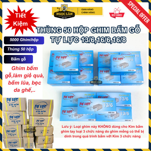 [Giá thùng] Thùng 50 hộp Ghim bấm gỗ Tự Lực 13/6, 16/6, 16/8 dùng cho kìm bấm ghim tay cao cấp